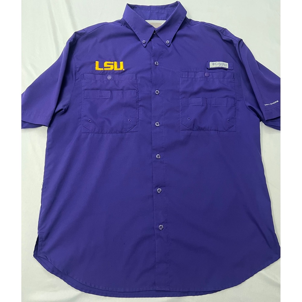 Columbia PFG LSU Tigers Purple Omni-Shade Fishing Shirt Men's XL Button Up